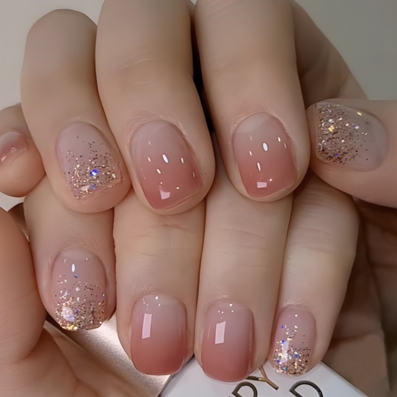 48P-Shimmer Glitter Press on Nails Short Square Nail Pink Gradient Gloss Finish