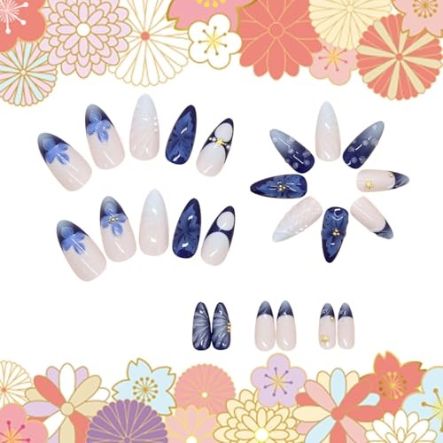 Blue Flower Press on Nails Medium Almond Metal Starfish and Gold Beads