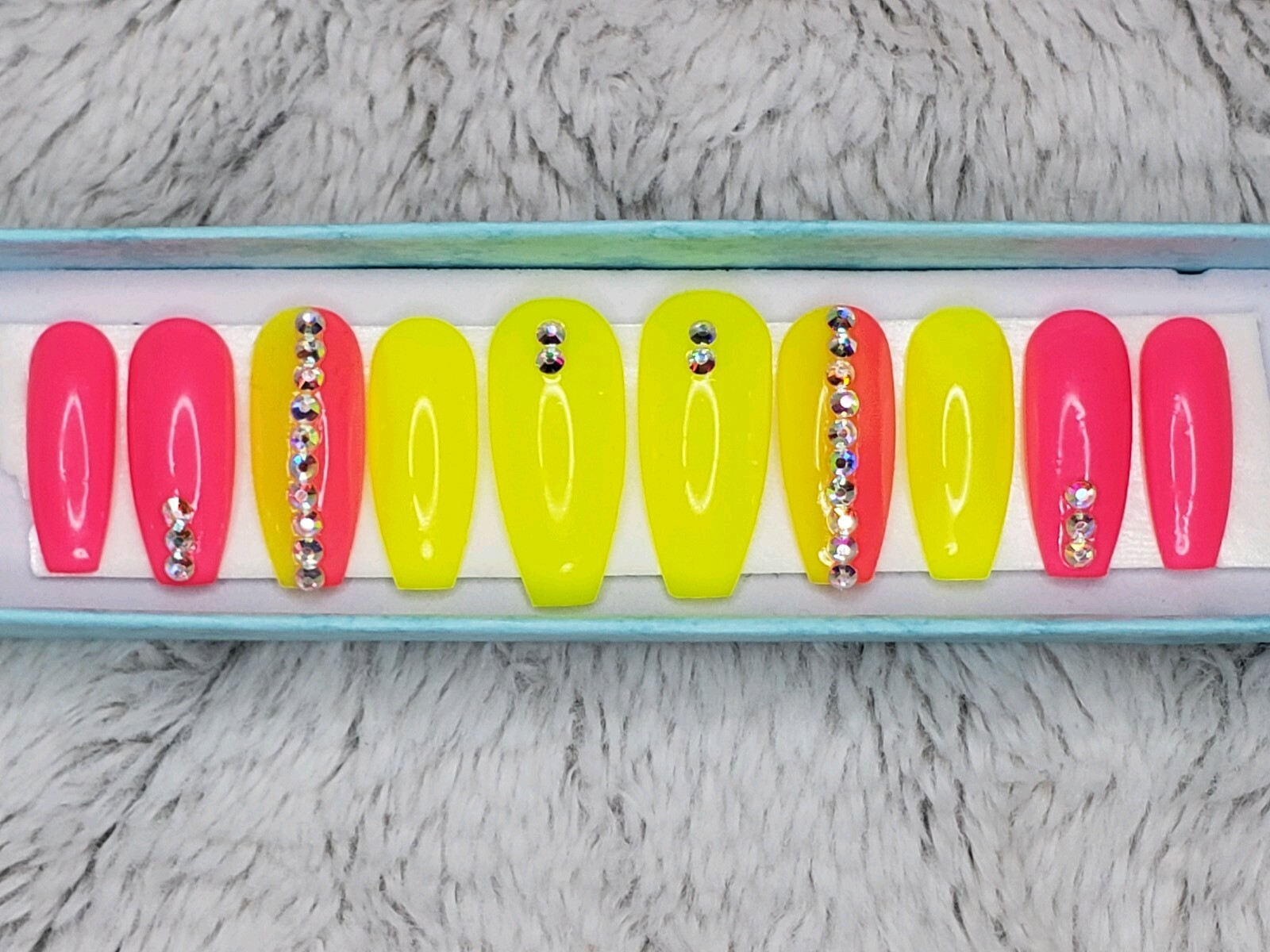 Bright Neon yellow & pink bling nails Press On crystal gel nails long coffin