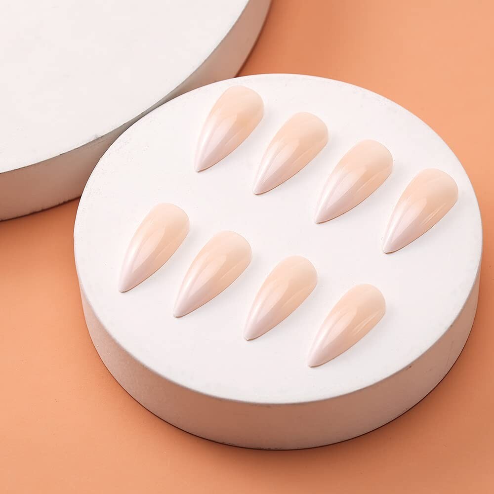 French Ombre Fake Nails – Medium Long Stiletto Almond Press on Nail Tips – 24pcs