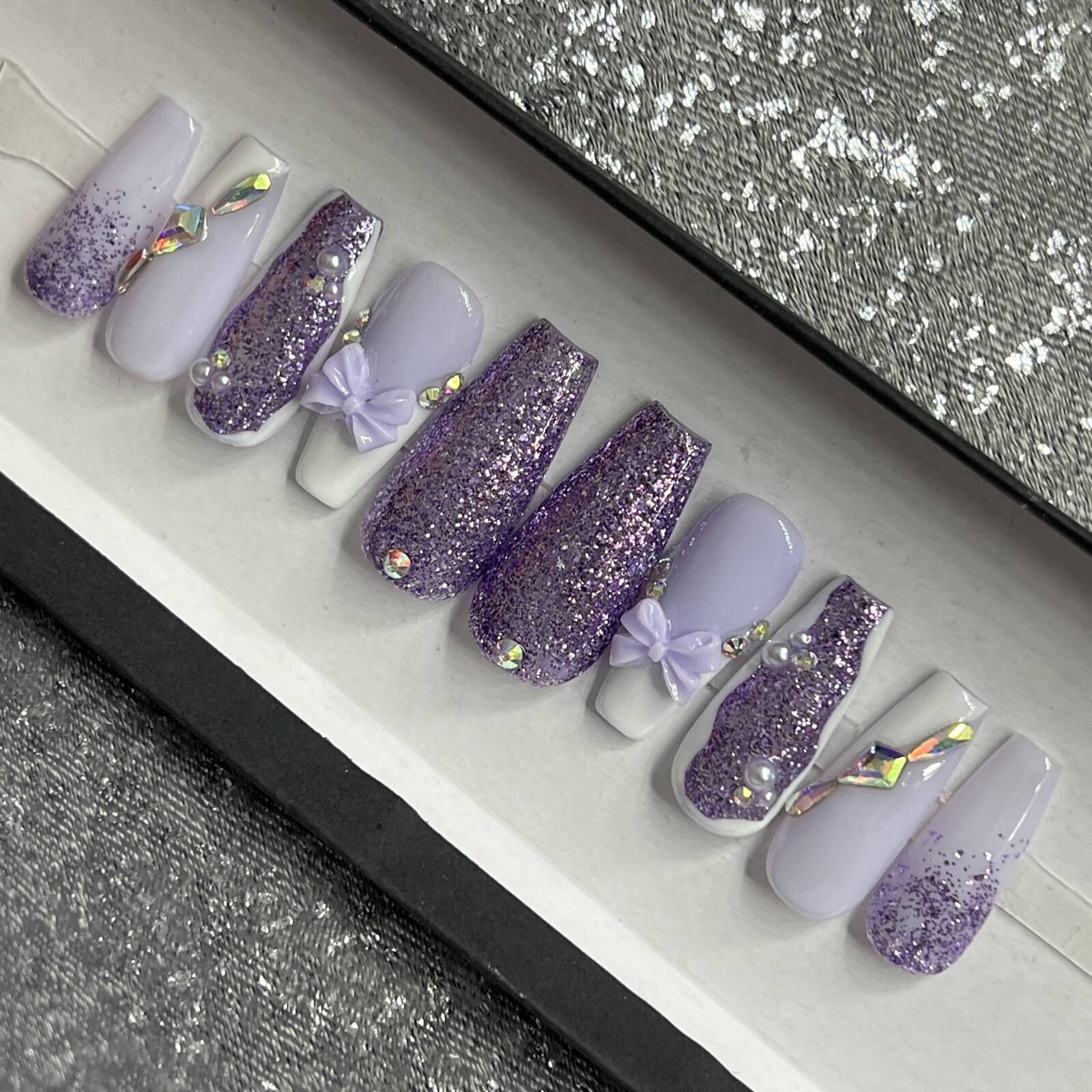 🤍 CUSTOM Hard Gel Press On Nails, Purple BLING 10p Set MED COFFIN NEW Kit
