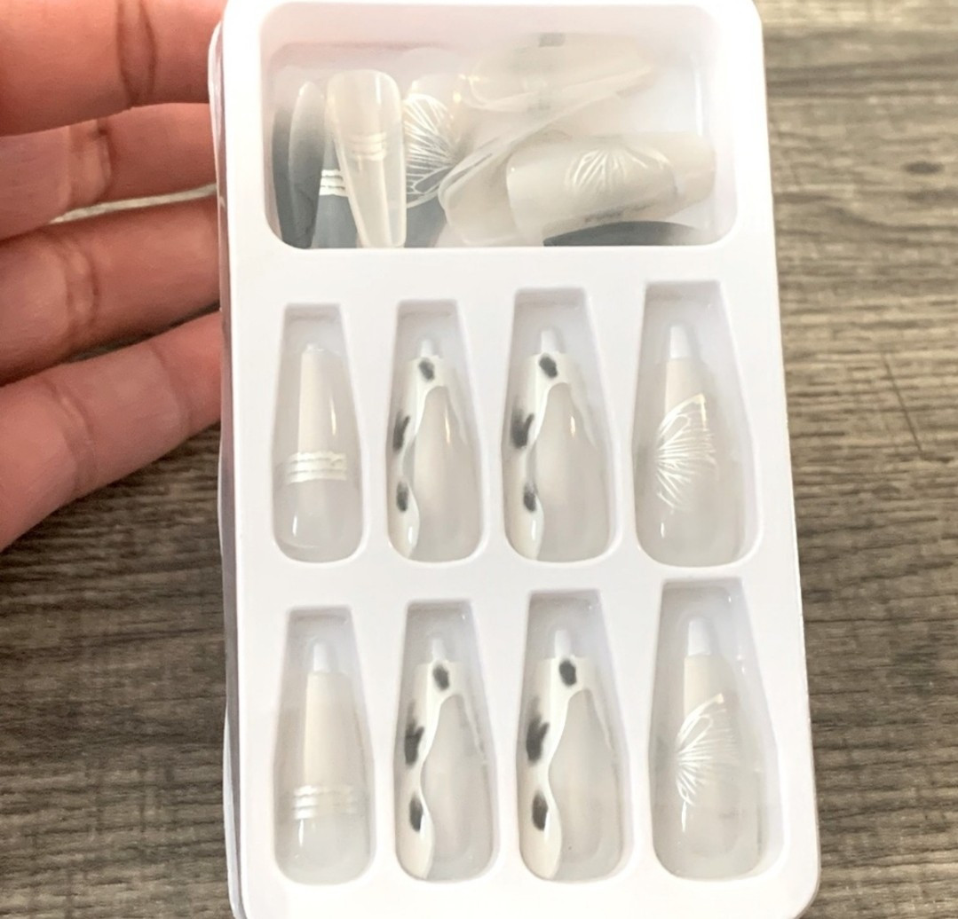 Long Black & Grey Butterfly Press On Nails 24 Pieces