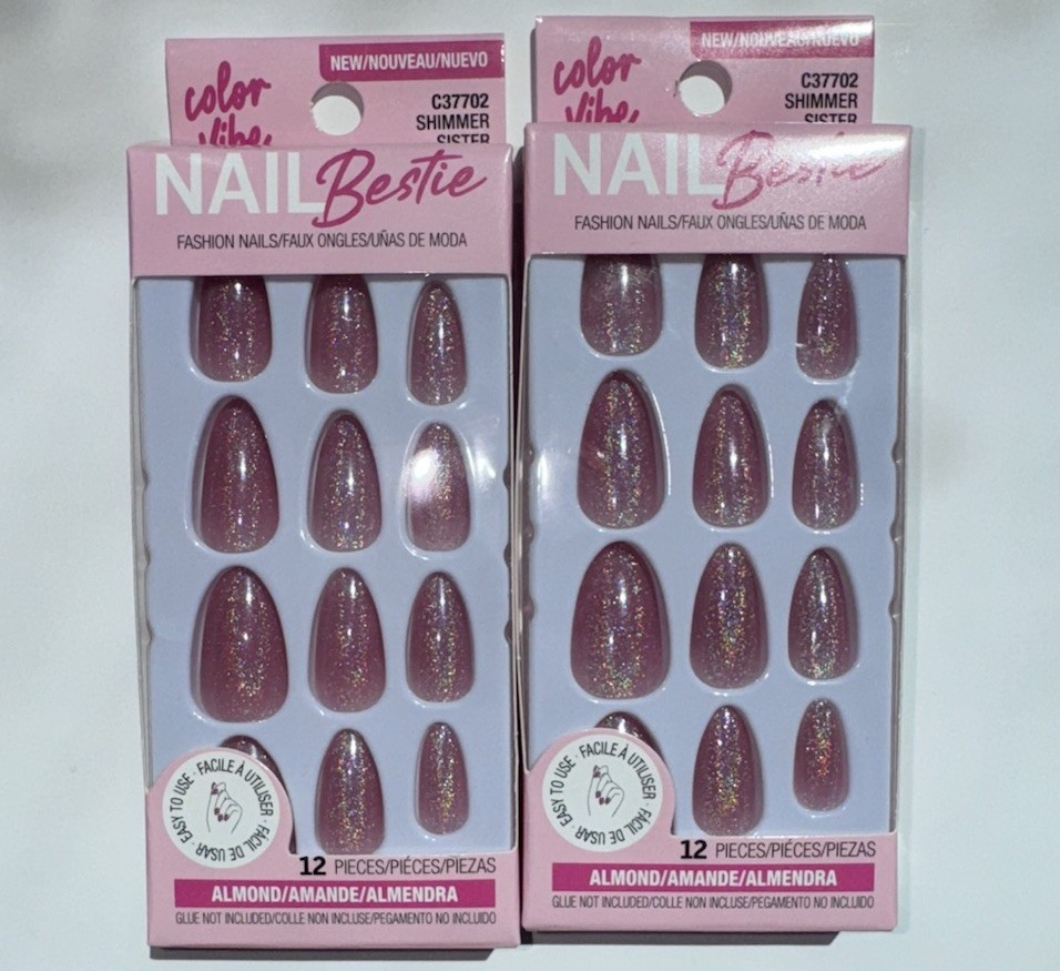 2 PACK Sparkly Pink Press On Nails 12 Nails Per Pack 24 Nails Total Super Cute