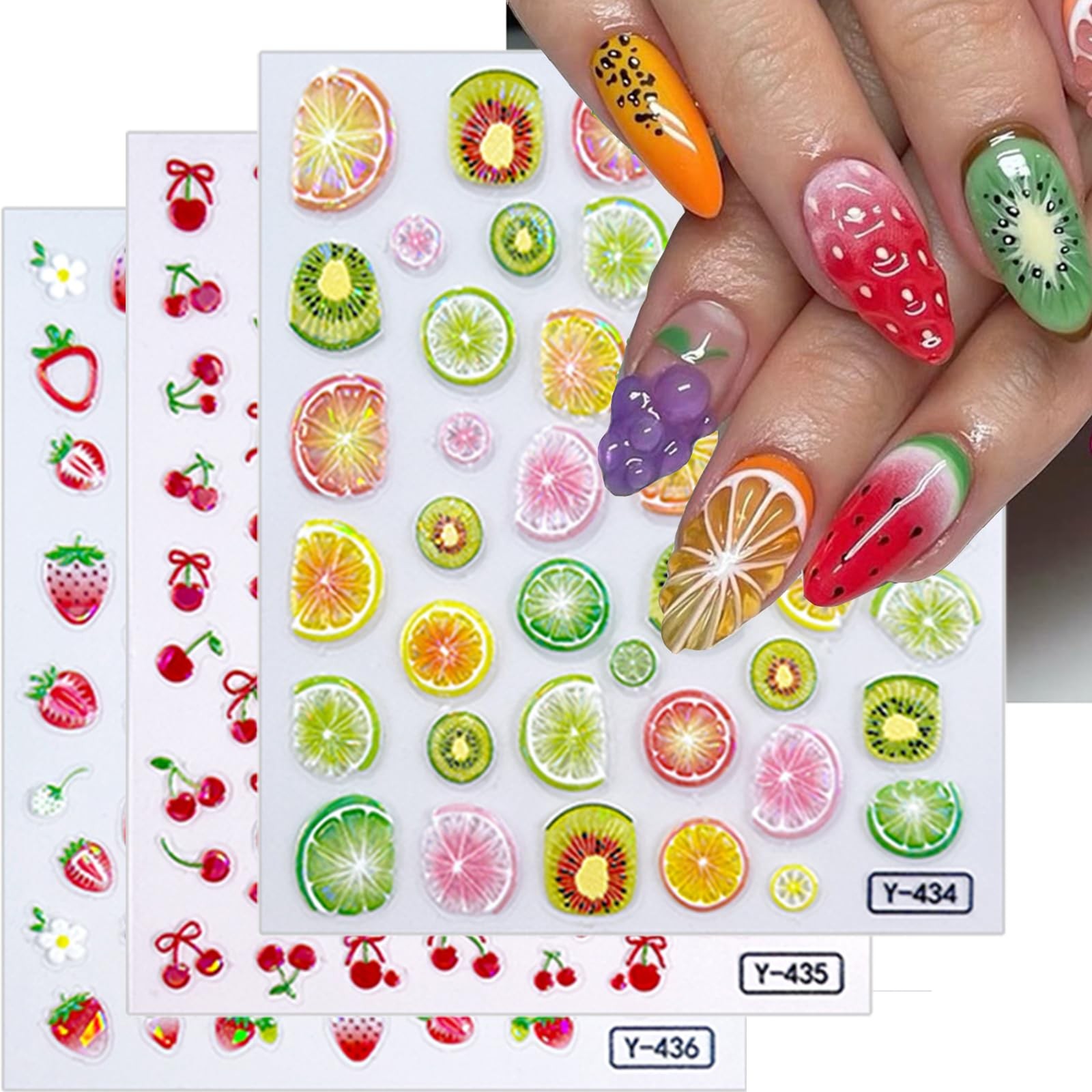 6Sheet 5D Embossed Lemonade Fresh Fruit Nail Stickers 3D -Adhesive Peach Wate…