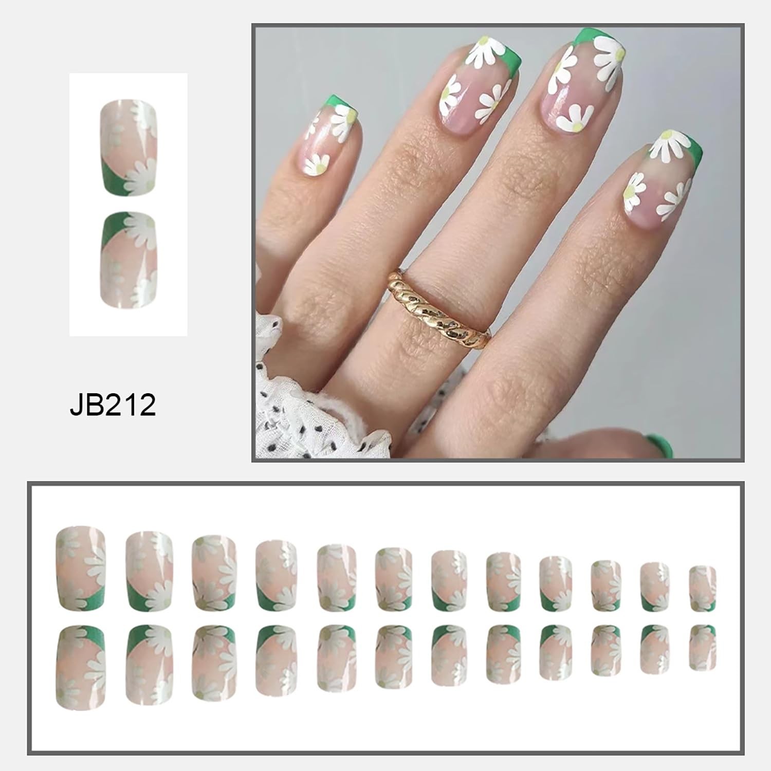 Flower Press on Nails French Tip Fake Nails with Designs Daisy Stick on Nails…