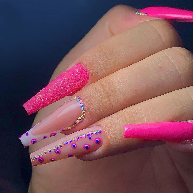 48pcs-Long Coffin Press on Nail, Bright Pink with Glitter Tips&Rhinestone Detail