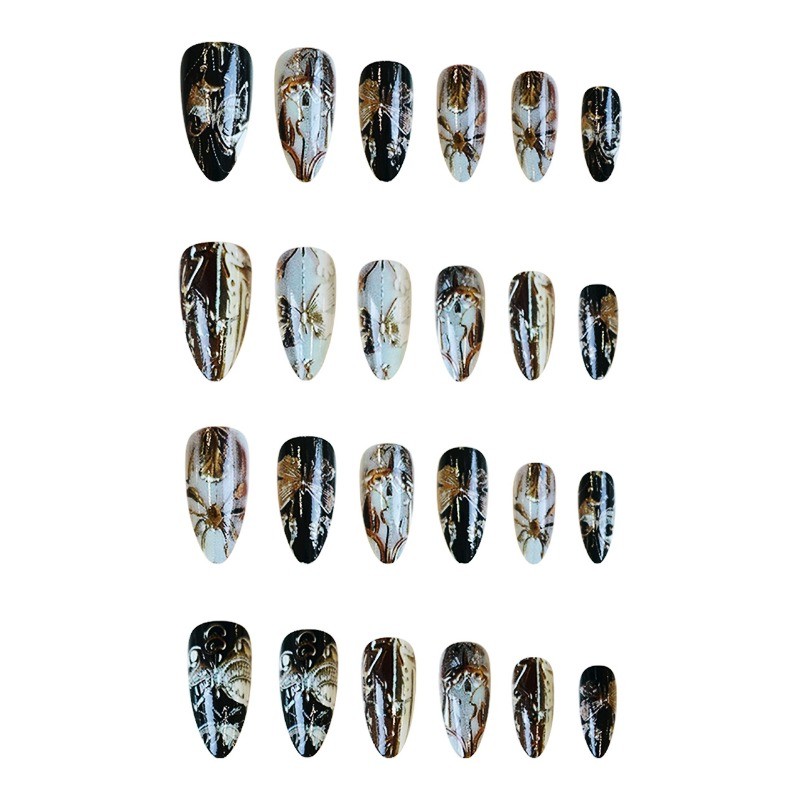 48pcs-Abstract Gold Foil Press on Nails, Almond Black & White with Art Design