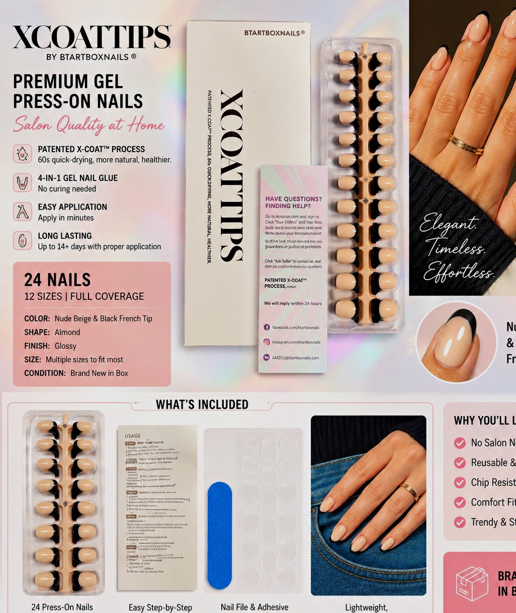 BTARTBOXNAILS Gel Reusable Press-On Nails Almond Nude Beige Black French Tip