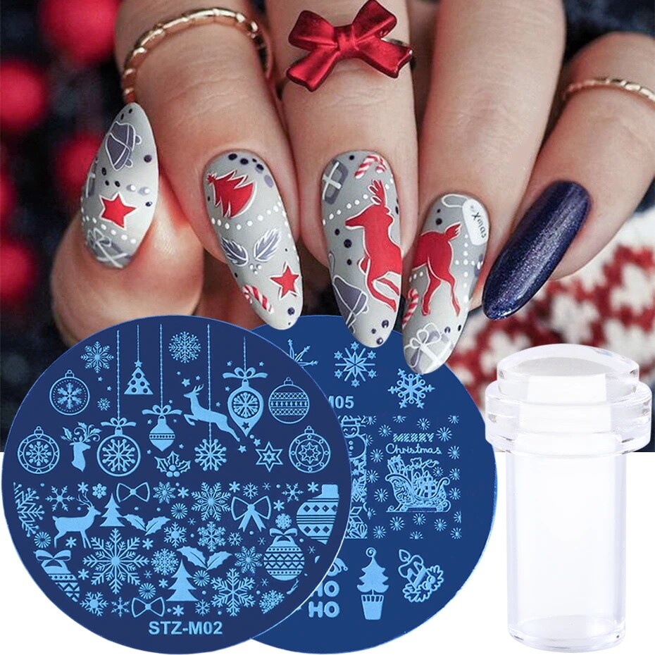 7PCS Nail Stamping Plates Stamper Scraper Set Christmas Art Transfer Tool Kit