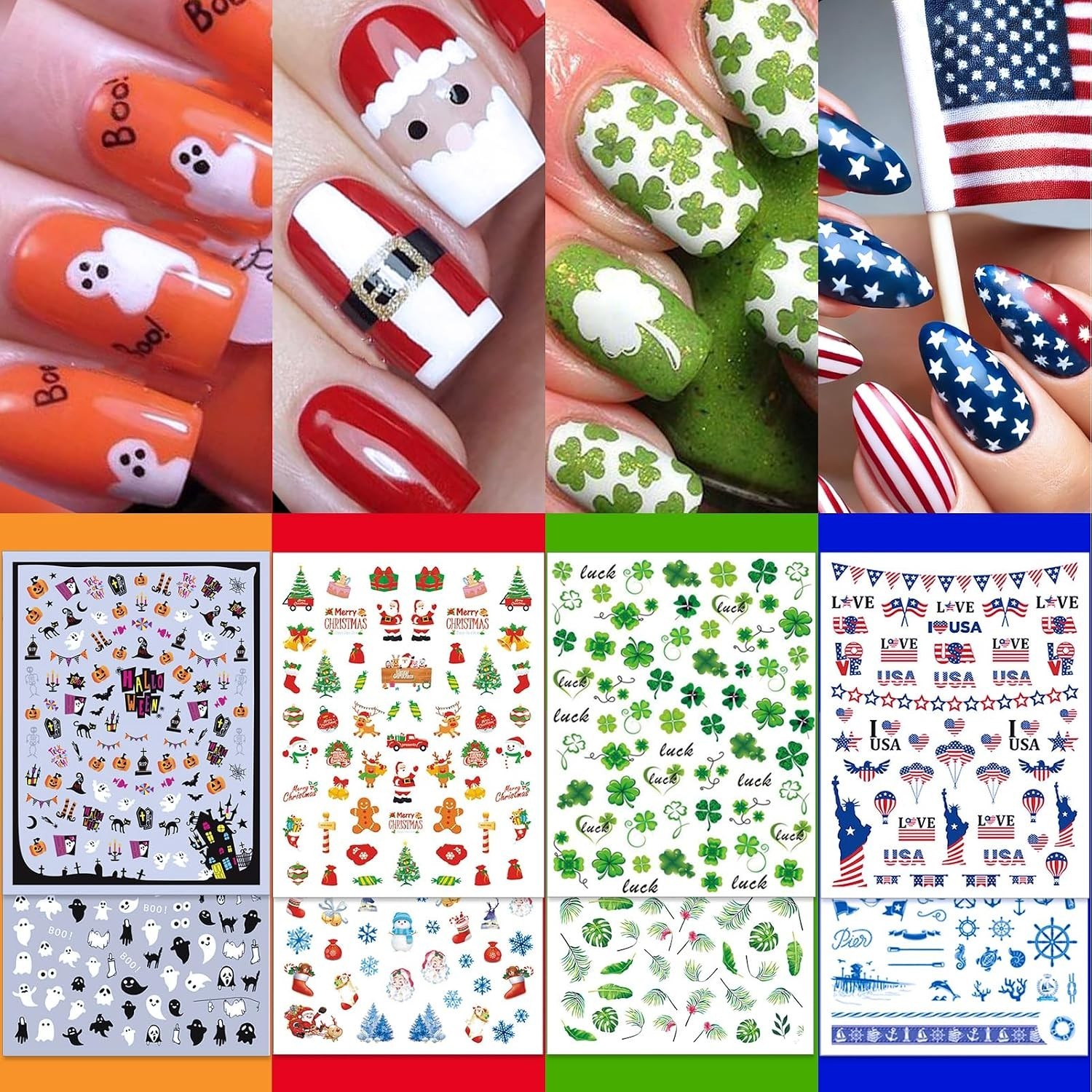 24 Sheets Seasonal Nail Art Stickers, Four Season Variety Pack All Holiday Na…