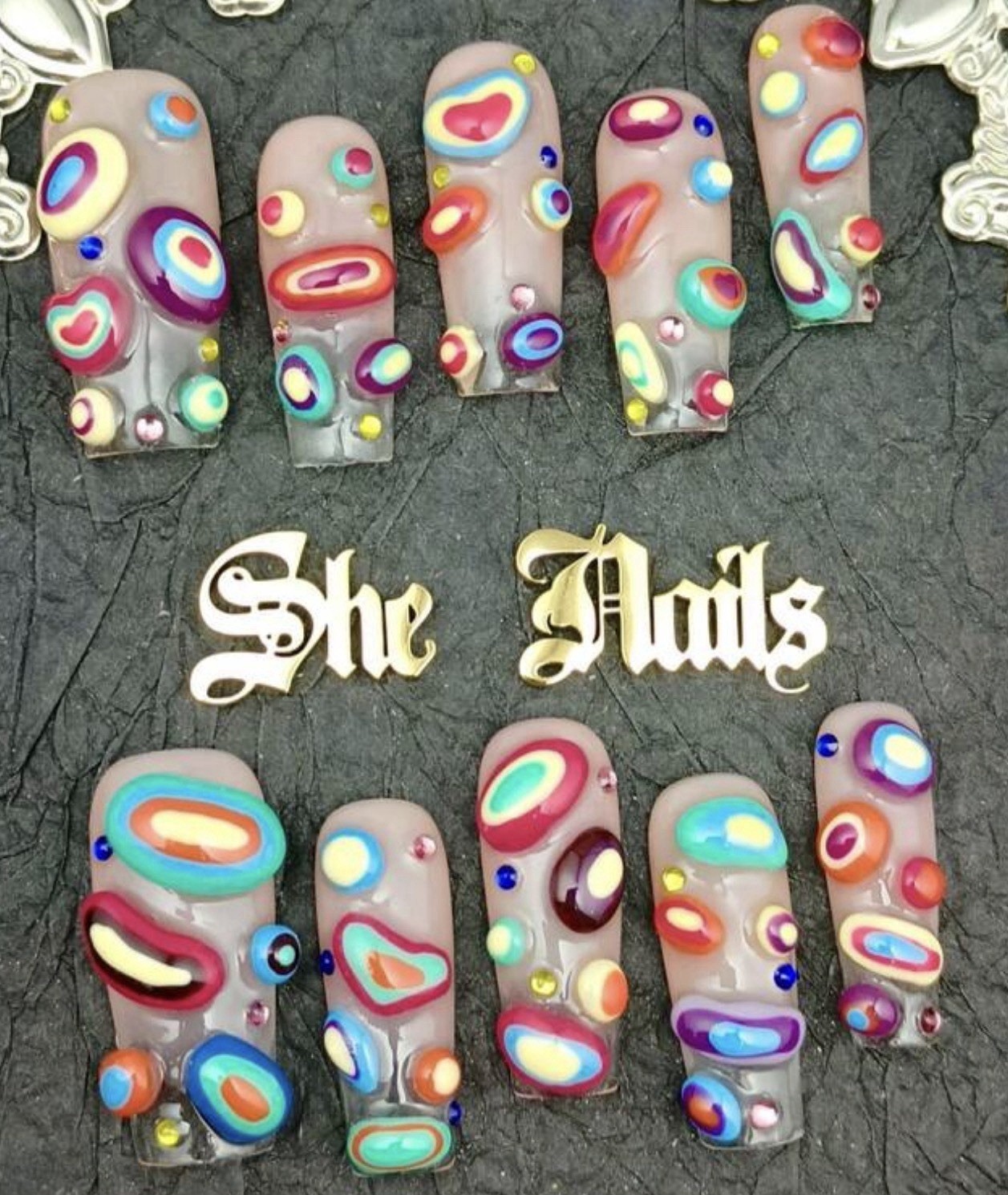Long Coffin Full Cover Press-On Nails, 3D Geometric Multicolor/Gray Acrylic