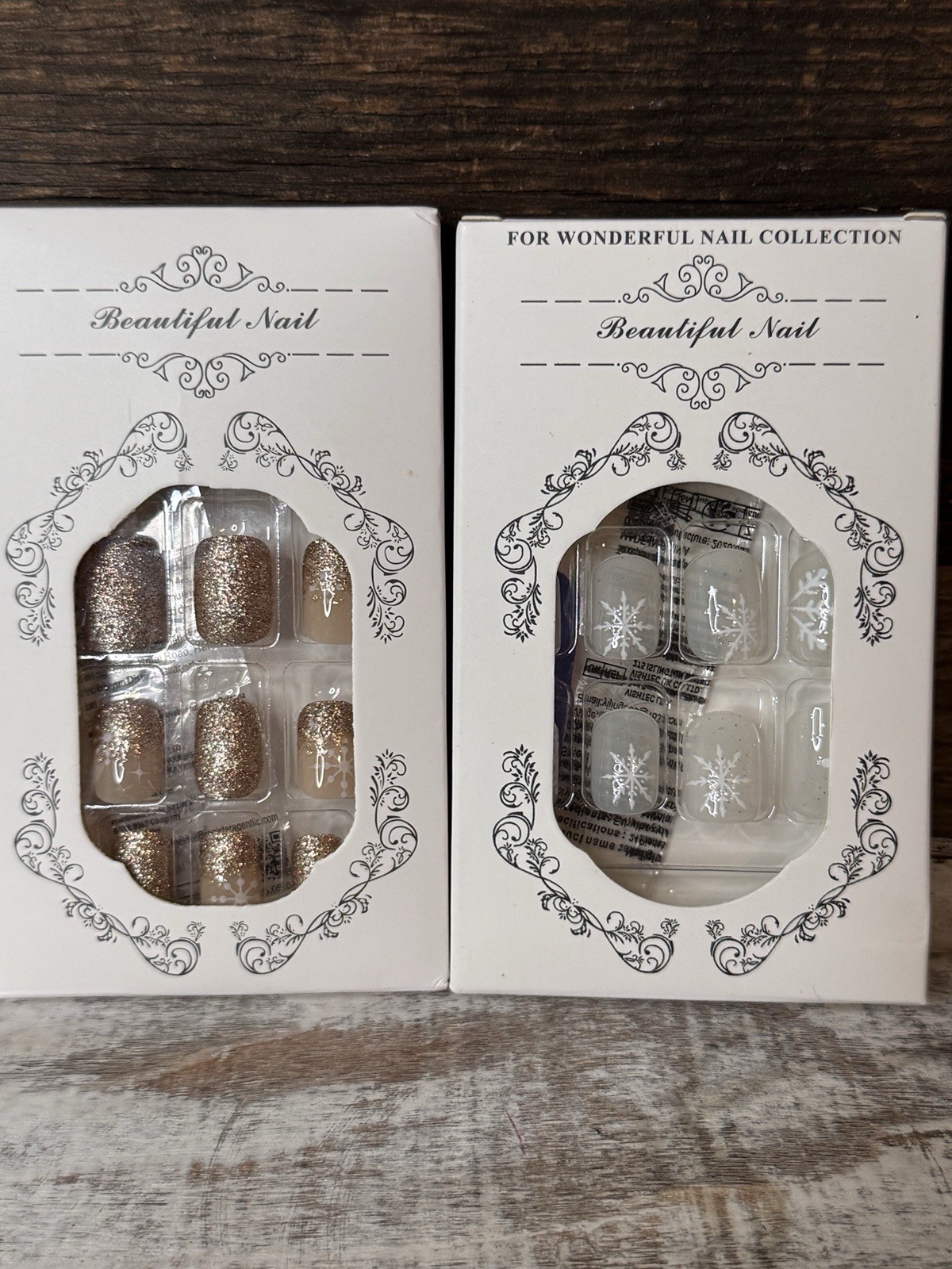 Press-On Nail 2 Sets Champagne Glitter & Milky Snowflake