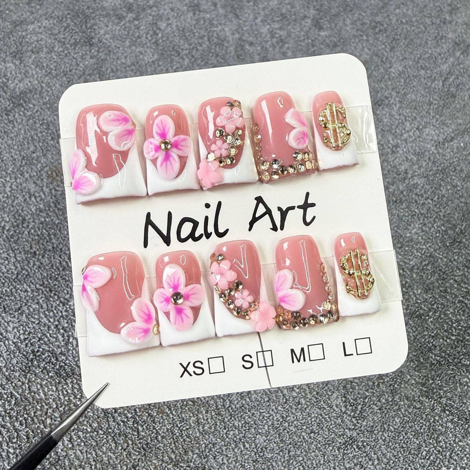 BRKYKGK French Tip Press On Nails Handmade Short Duck 3D Flower Thick Acrylic