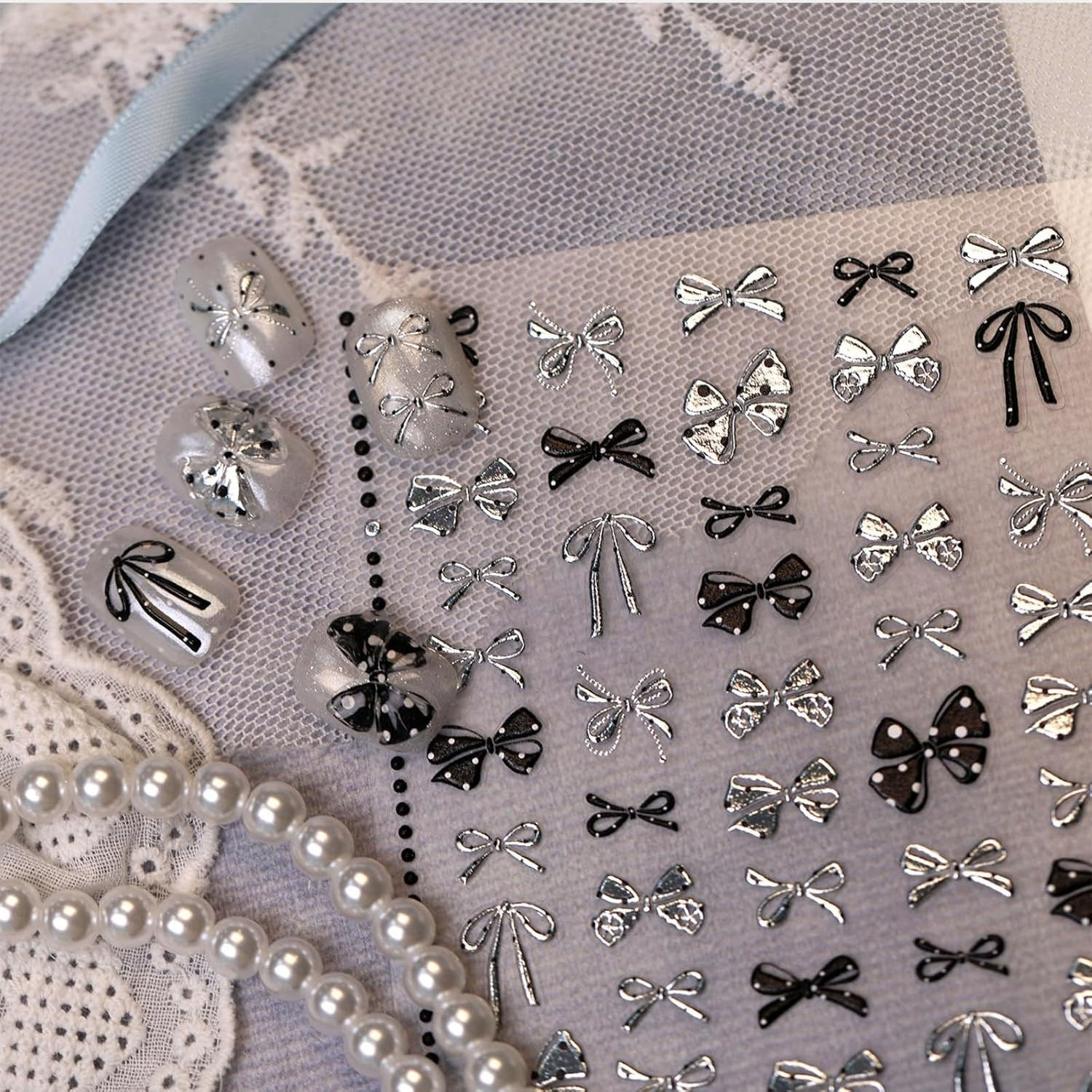 Black Silver Bow Nail Stickers Polka Dot Bowknot Metallic Nail Art Decals | Y2K
