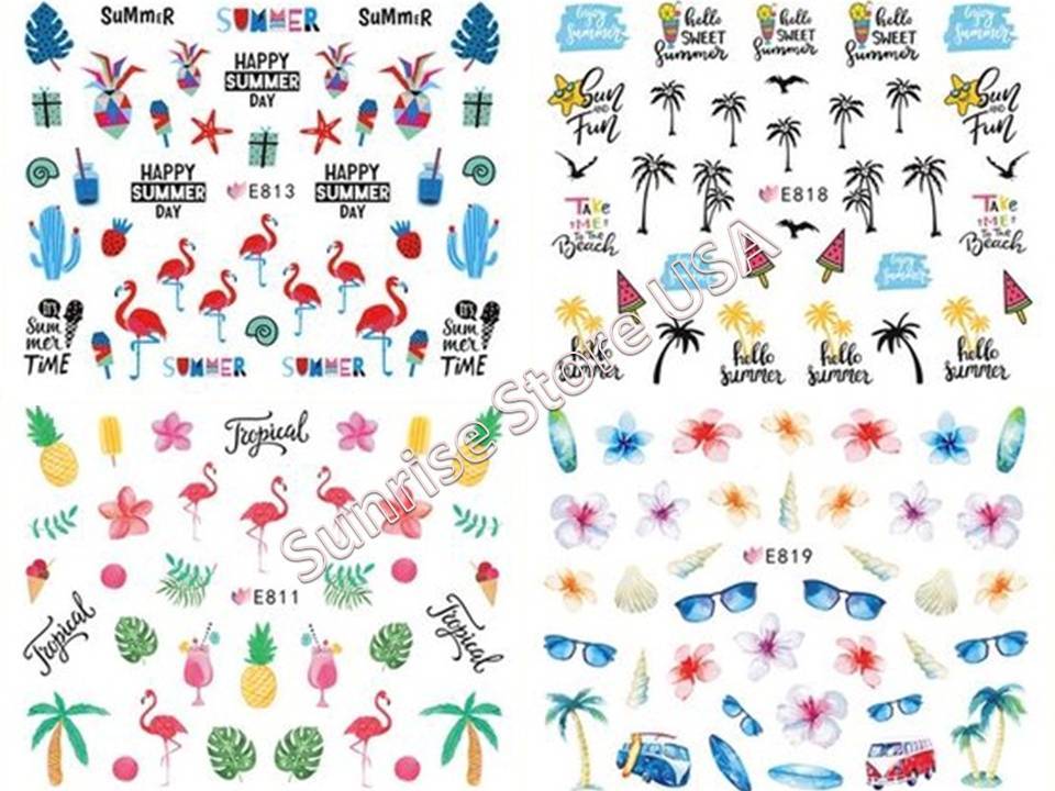 11 Design 3D Nail Art Sticker Summer Palm Tree Flamingo Bird Fruit Flower Decals