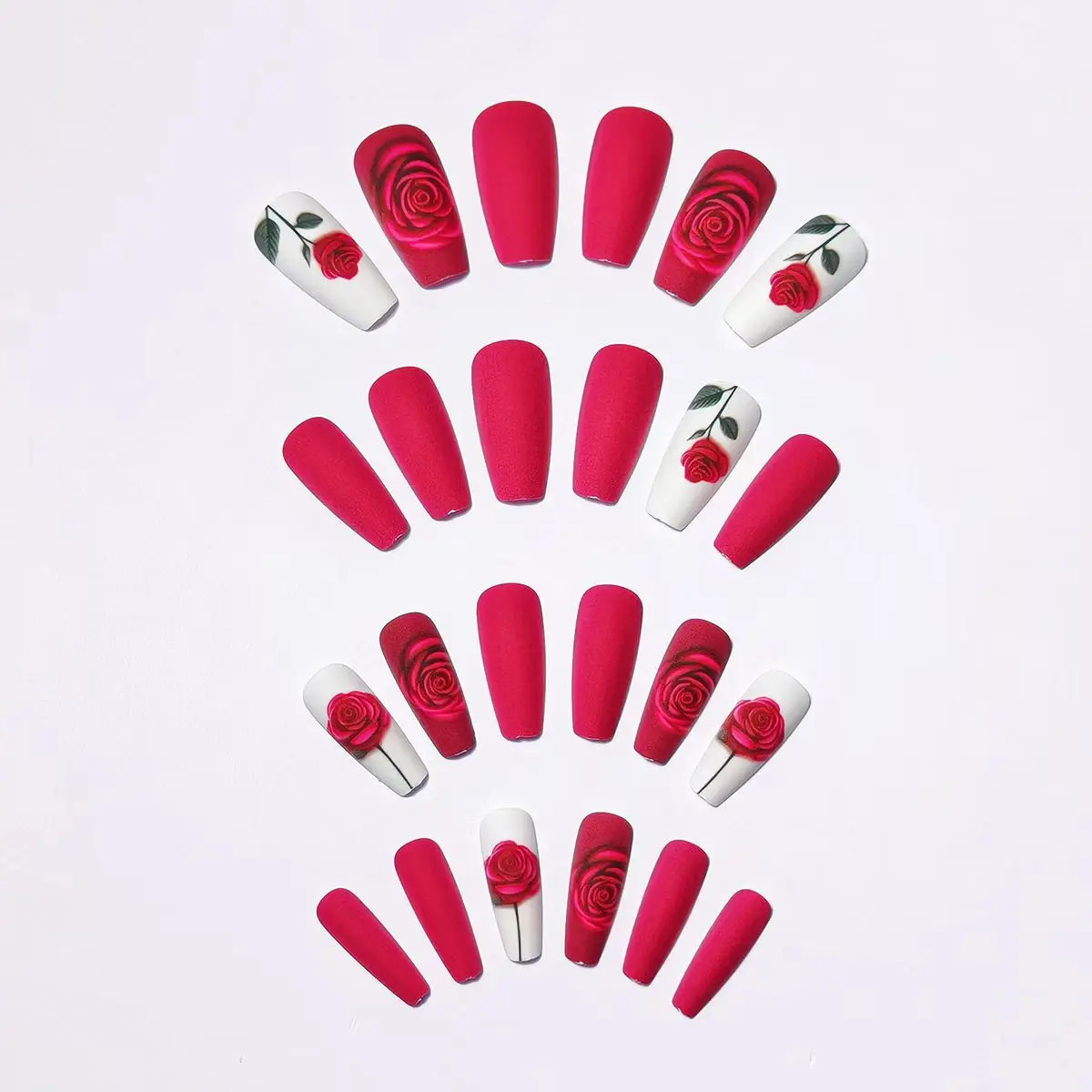 24pcs Black Almond Red Heart Rose Press On Nails