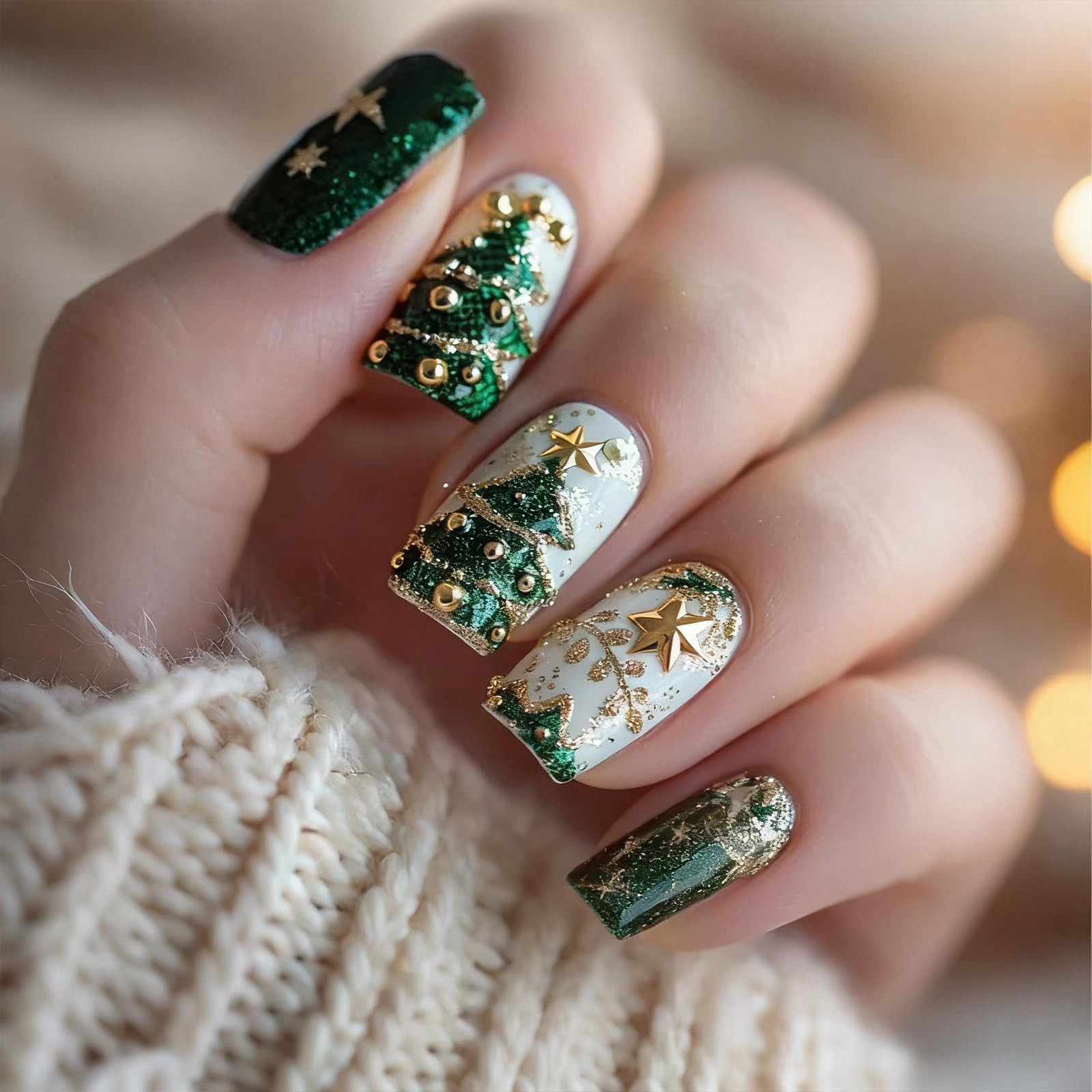 Christmas Press on Nails Medium,Green Square Fake Nails | 3D Christmas Tree &…