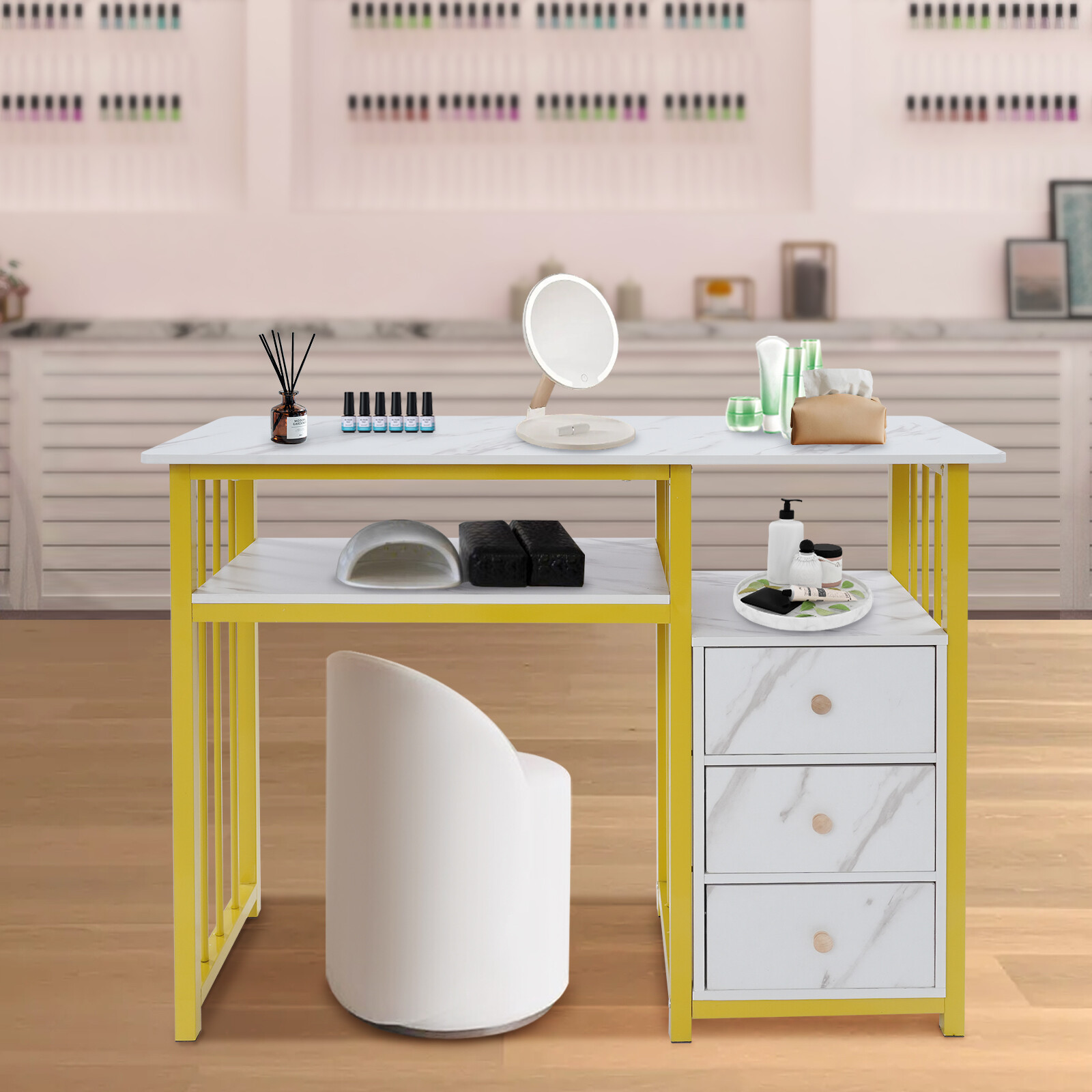 Marbling Texture Nail Desk Manicure Table Station Manicure Desk with 3 Drawers