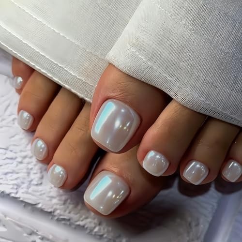 Chrome Press on Toenails Short, 32 Pcs 16 Sizes Glazed Milky White chrome white