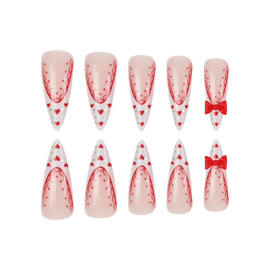 48pcs Stiletto Press on Nails, White Tip Red Heart 3D Bow Valentine Nail Art