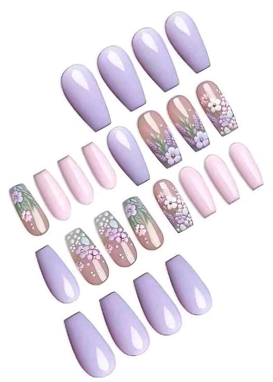 Press-On Nails Summer of Love Lavender Pink Clear Floral Coffin Long Shiny