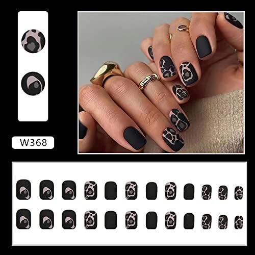 Press on Nails Short with Leopard Designs, 24Pcs Full Cover Reusable False