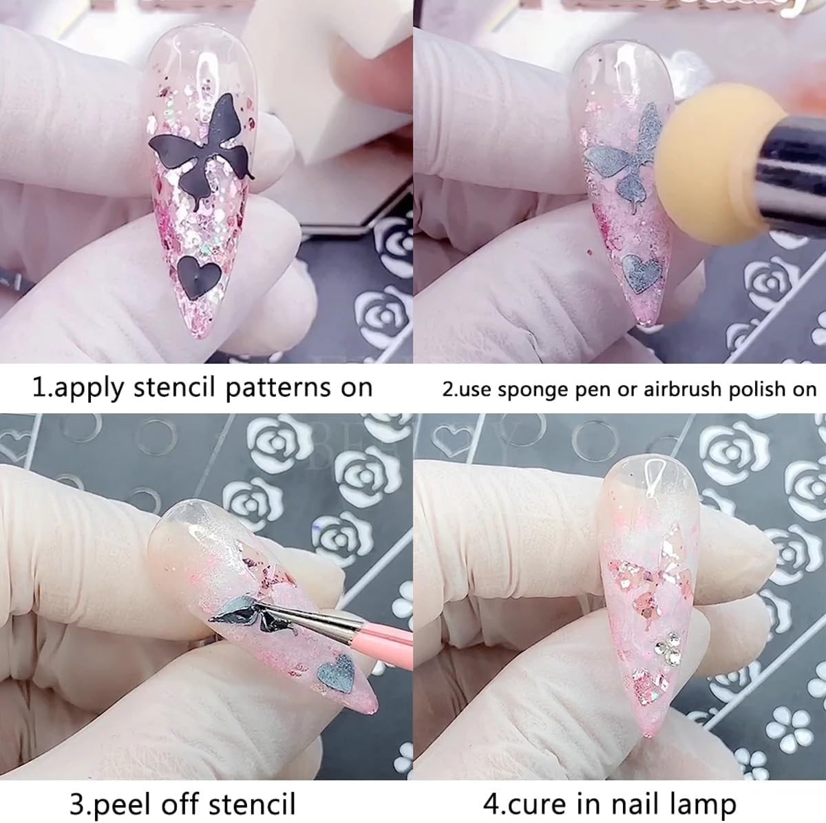 6 Pcs Airbrush Nail Stencil Set with Flower & Pattern Designs