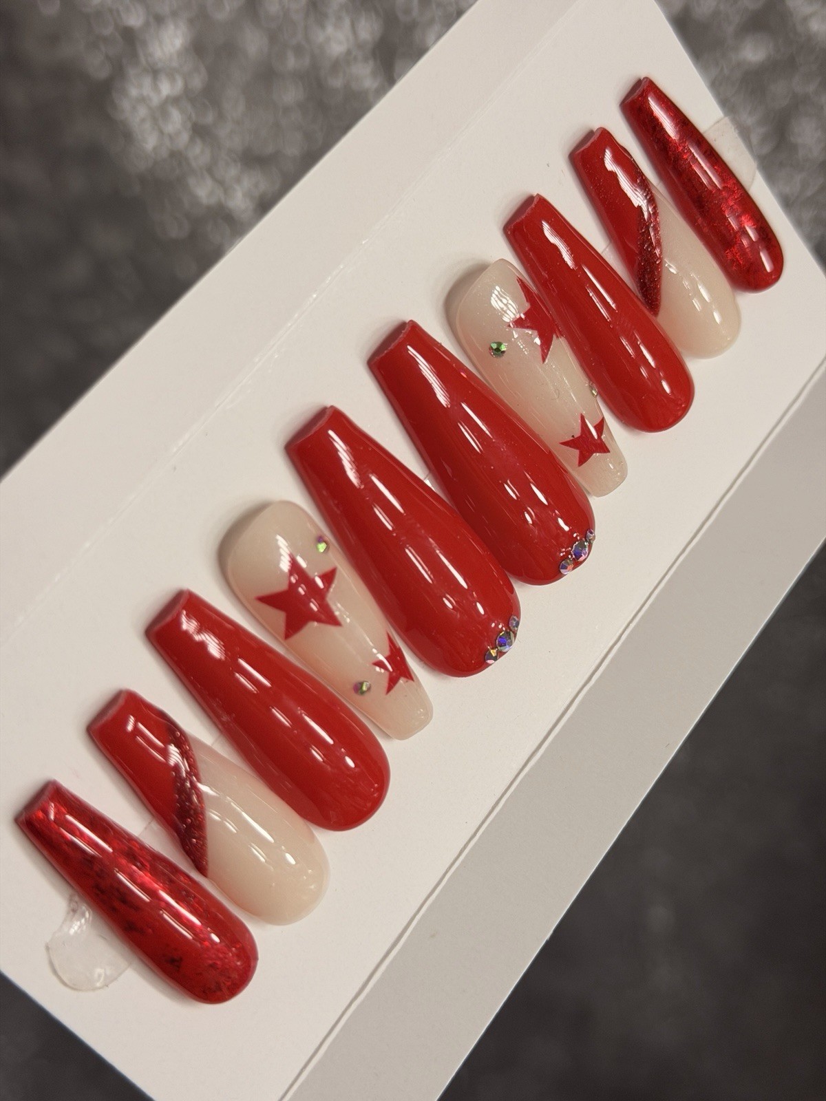 ✨ CUSTOM Press On Nails RED STAR BLING 10p SET W Kit