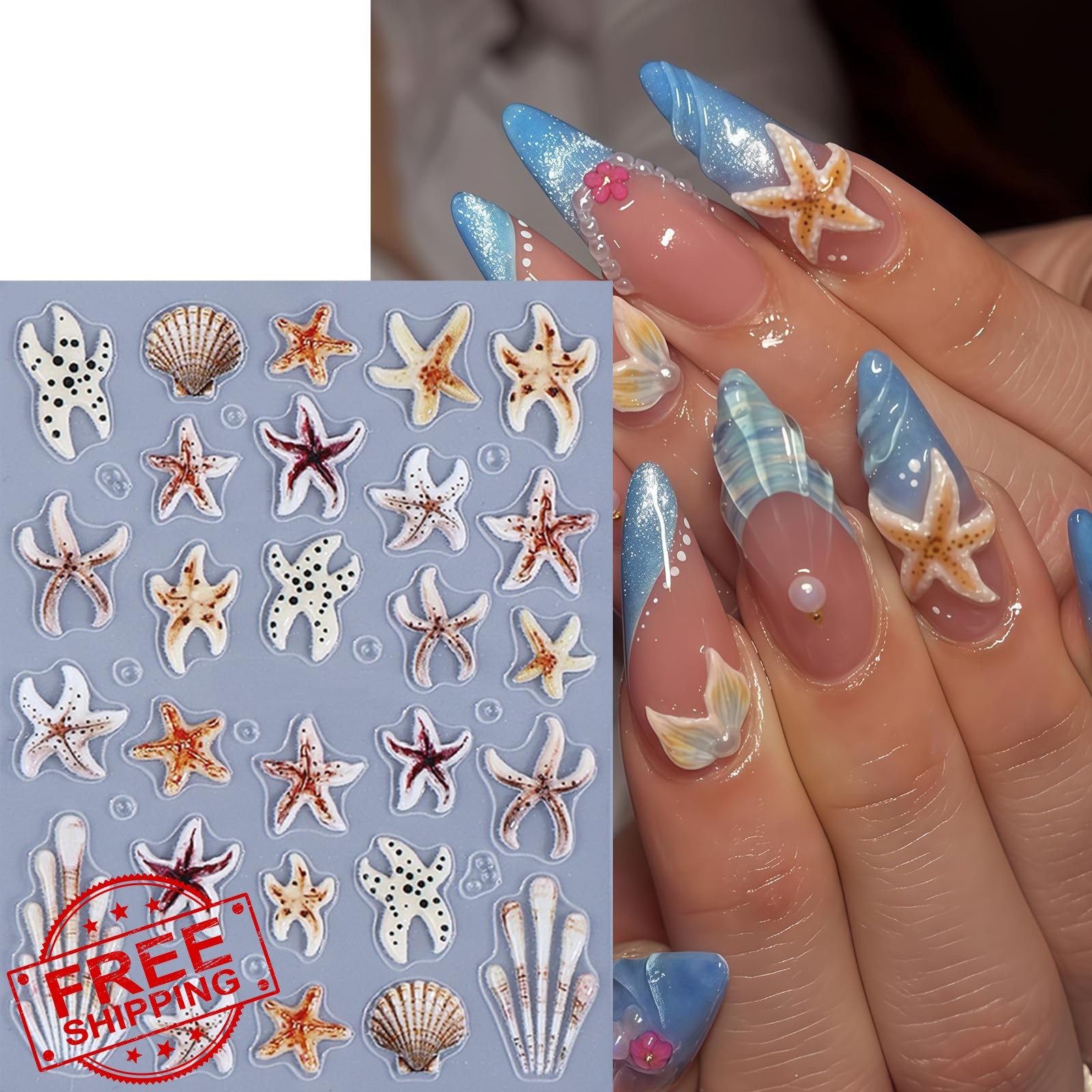 SHUXILIN 5D Ocean Life Nail Stickers Starfish Decals