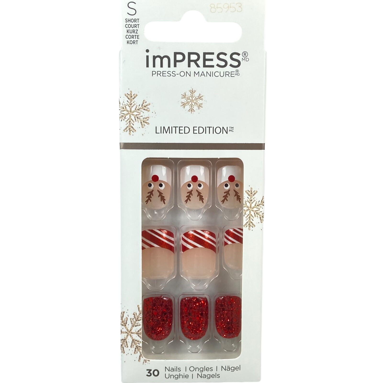 NEW Kiss Nails Impress Press On Manicure Short French Red Reindeer Christmas 1