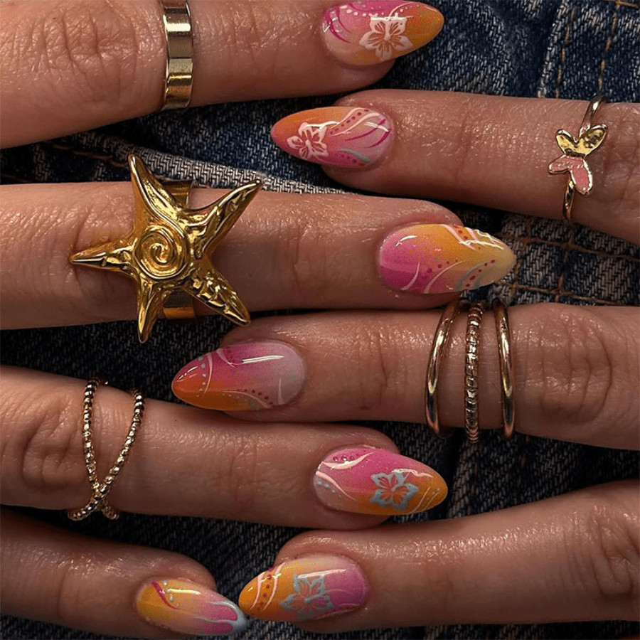 48pcs Almond Press on Nails, Pink Orange Ombre Tropical Floral Summer Nail Art
