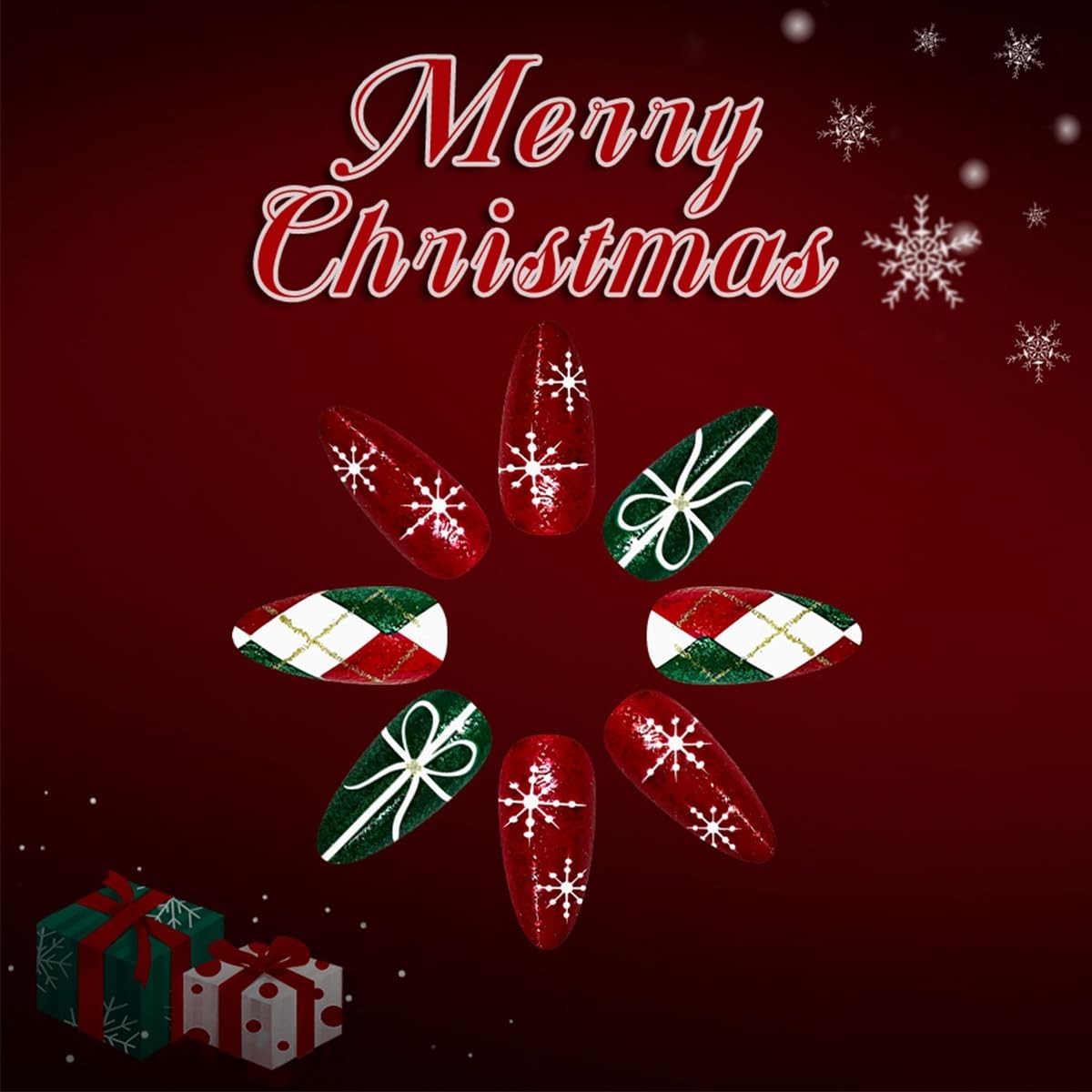 Christmas Press on Nails Medium Almond Snowflake Stripes Gift Knot Fake Nails…