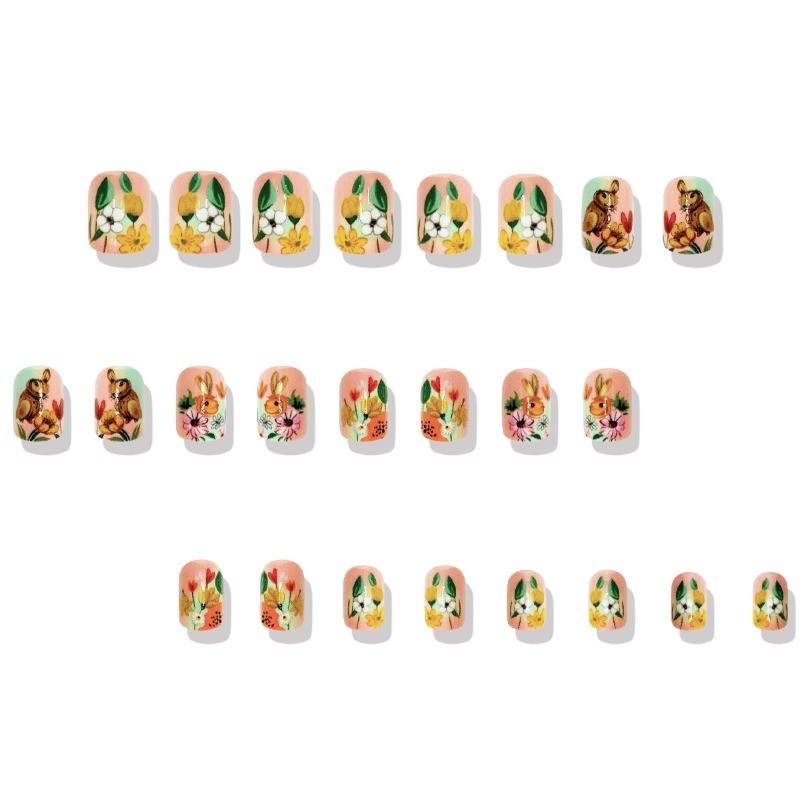 48PCS oval Easter bunny flower nail press, reusable pink fake nail art