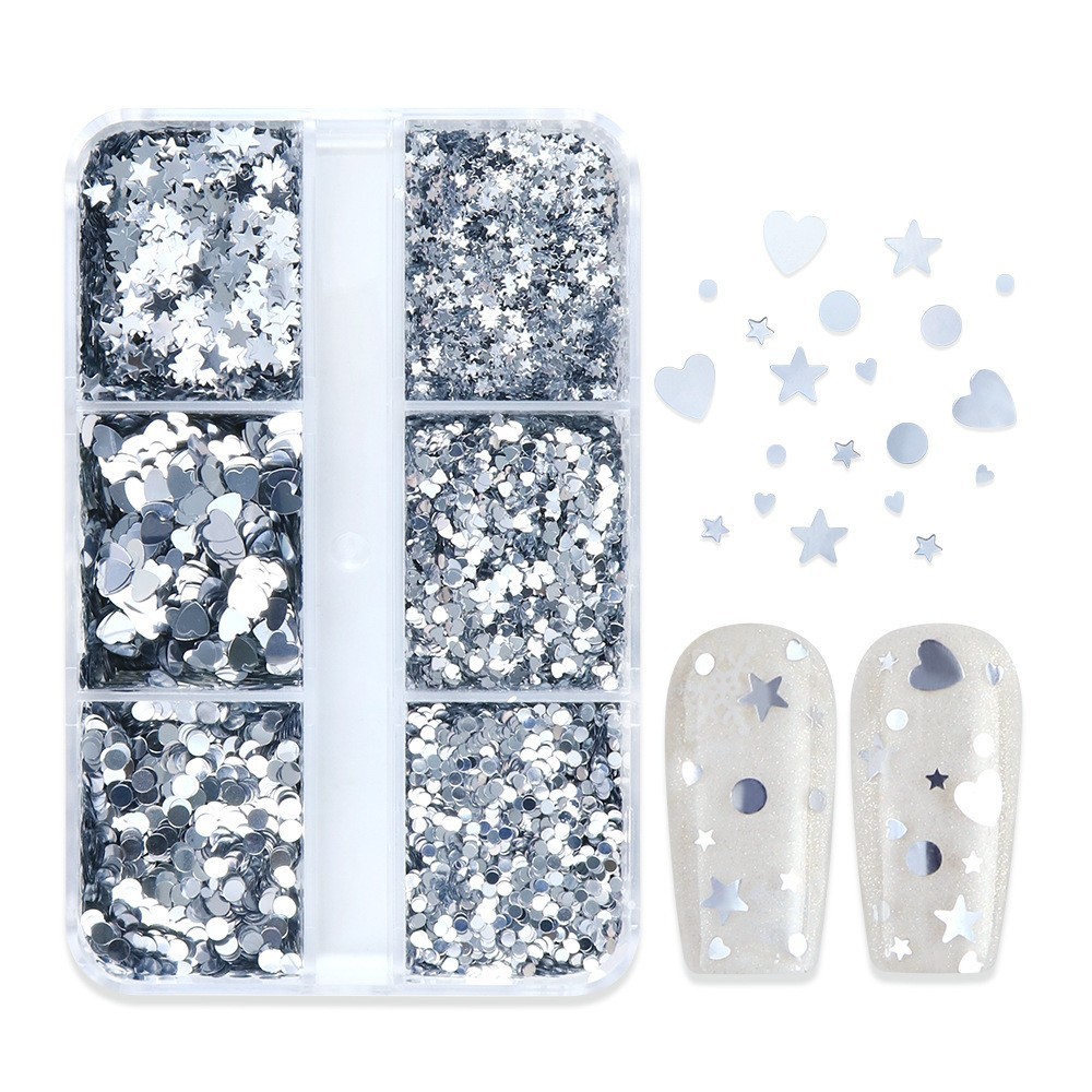 6 Grids Nail Art Glitter Sequins Silver Nail Flakes~Heart Star Round Mixed Shape