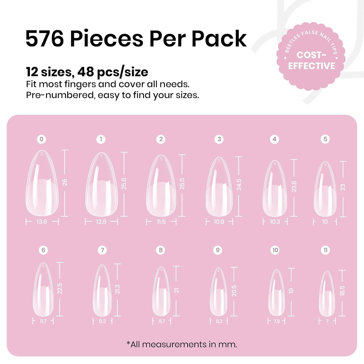 Beetles Medium Almond Nail Tips 576Pcs 12 Sizes, Pre-Etched Soft Gel Tips Half M