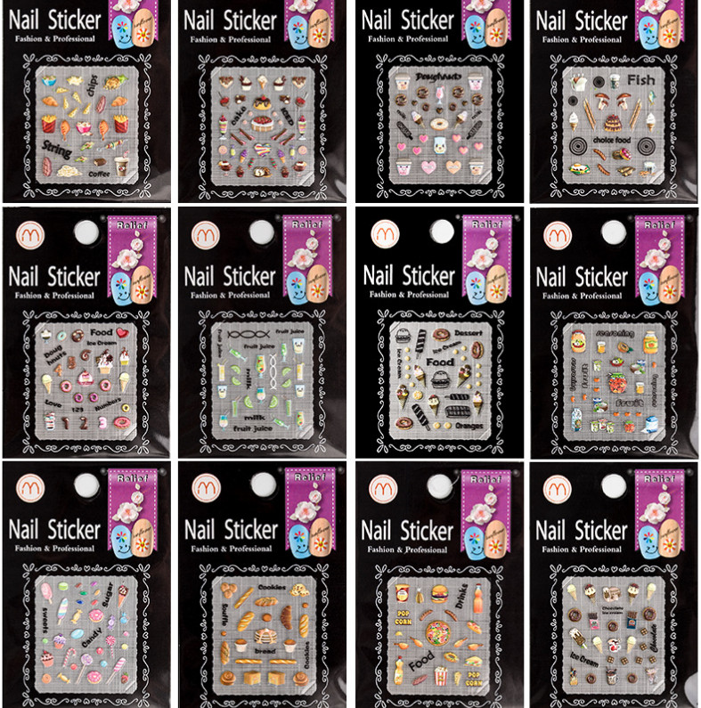 3D Embossed Nail Art Sticker FOOD PIZZA BISCUIT Acrylic Engraved Slider NH2