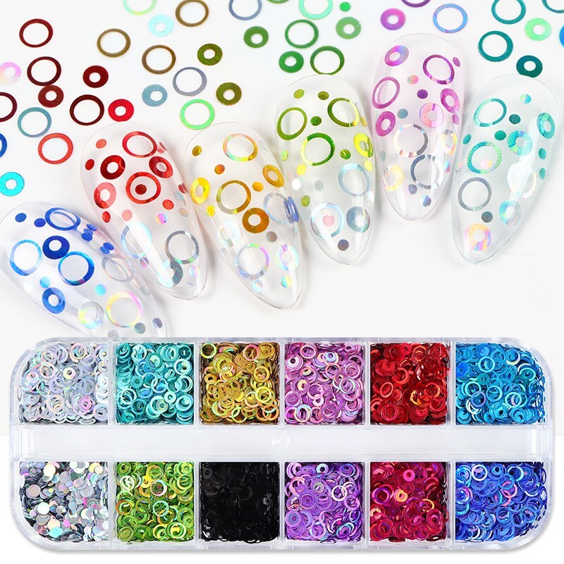 12Grids Colorful Glitter Hollow Circle Design Nail Art Sequins 3D Nails Stickers