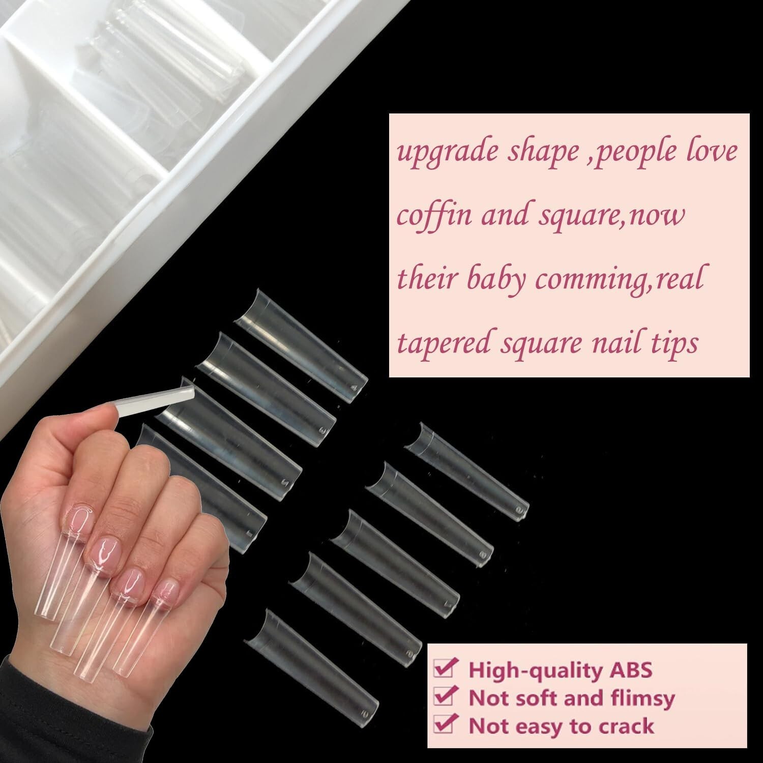 XL Tapered Square Nail Tips No C Curve,500Pcs Clear Medium Half Cover Coffin Nai