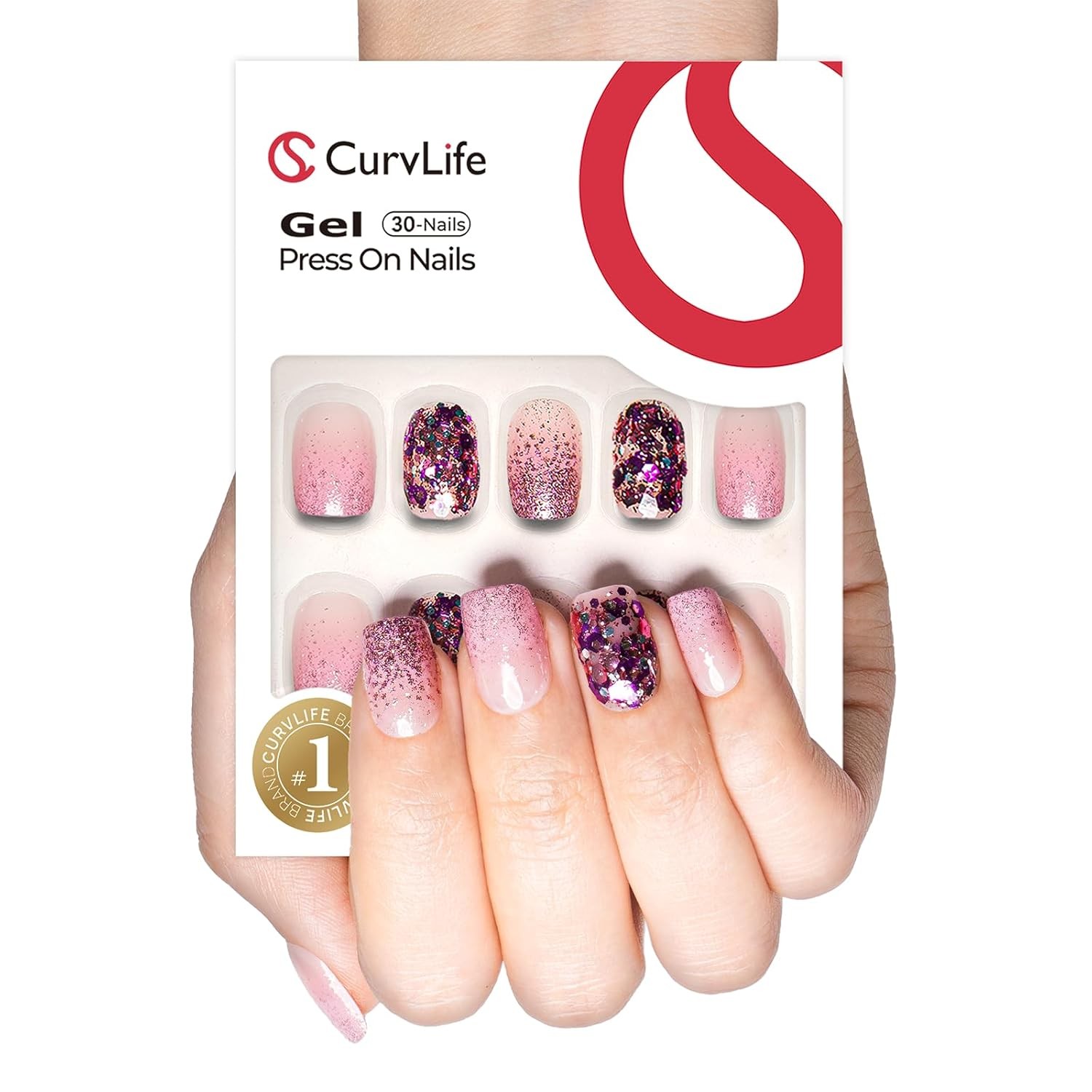 Curvlife Press On Nails Pink Diamond Acrylic Short Fake Nails Design Stick On Na