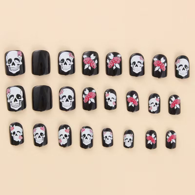 24pcs Halloween Medium Square Press-On Nails, Glossy Black & Skull & Red Rose