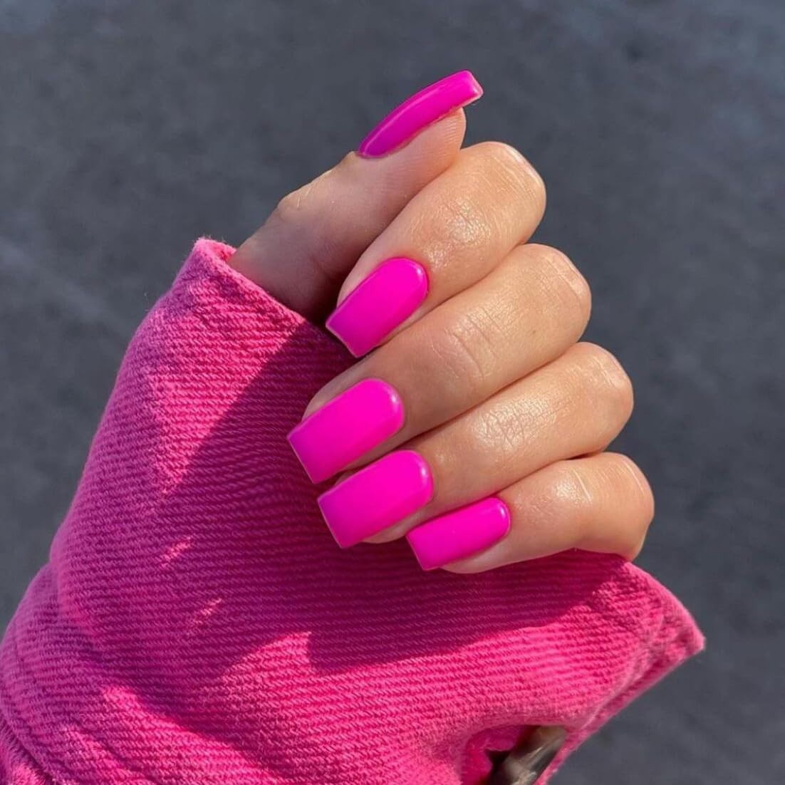 Neon Hot Pink Press on Nails Short Medium Coffin, Solid Color glossy hot pink