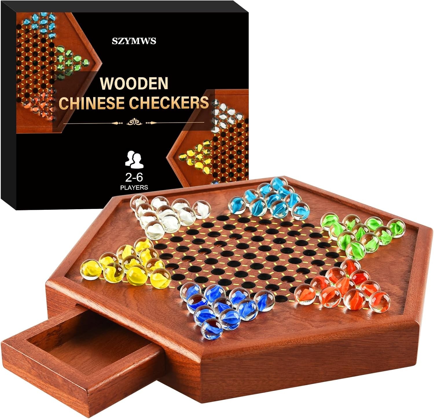 12.7 Inches Wooden Chinese Checkers x 11 x 1.6 inch, Glass Marbles