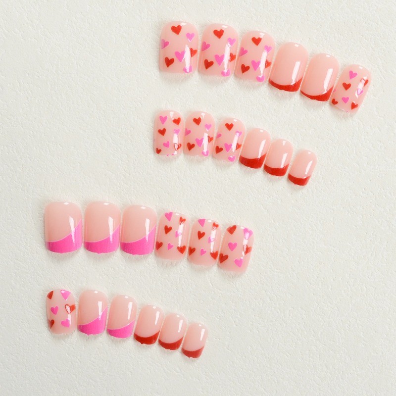 48PCS Cute Pink Gradient Red Heart Nail Removable Reusable Fake Nail Art
