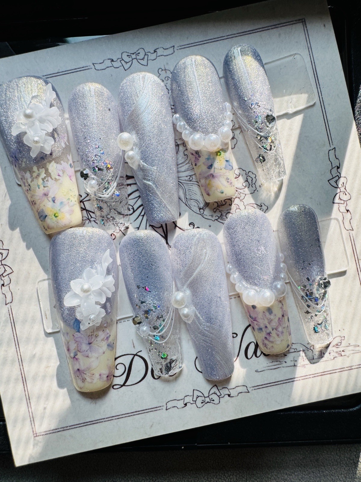 Press-On Nails Long Coffin Silver/Multicolor Flowers Theme 3D Glitter Full Cover