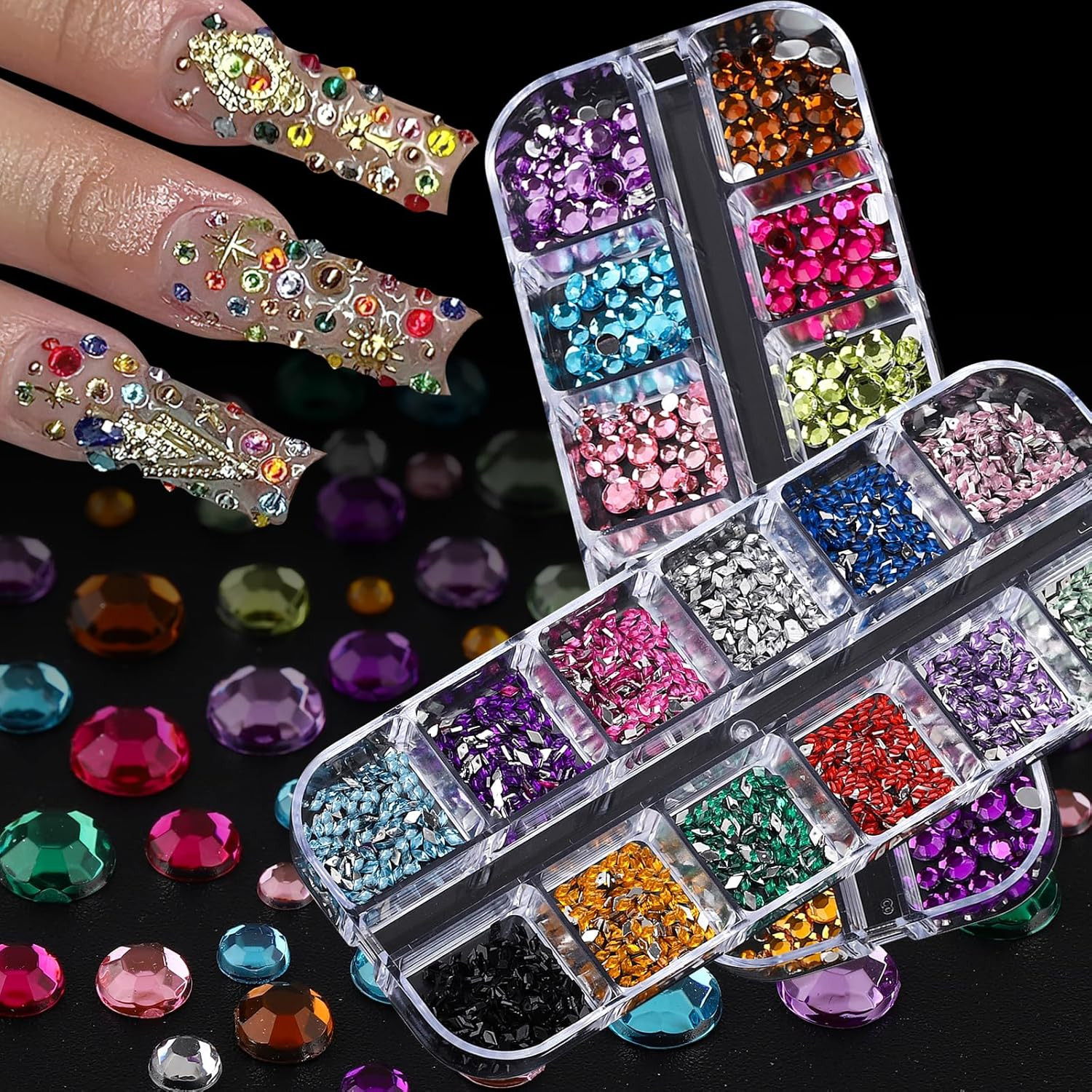 6 Boxes Colorful Crystal Rhinestones Nail Gems Multi Shape Flat Back Charms 2Mm