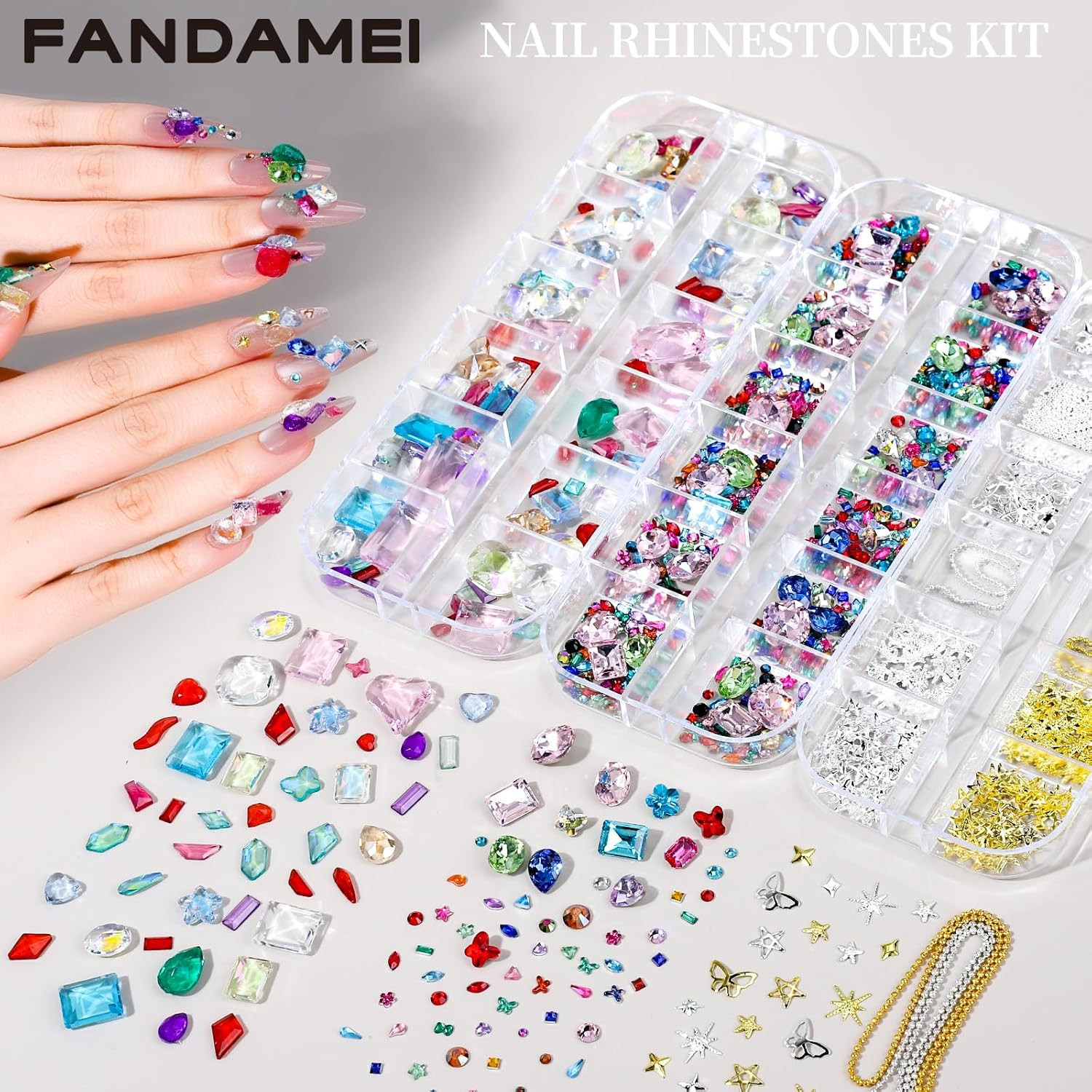 Nail Gems, 3-Box Colorful Nail Rhinestones Nail Charms and Gems, 3D Rainbow Crys