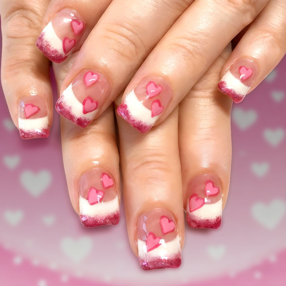 24pcs White/Red Polka Dot 3D Heart Press-On Nails. Waterproof, Reusable Gift.
