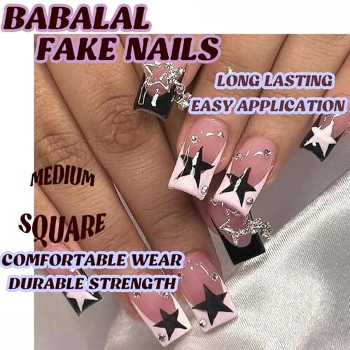 French Tip Press on Nails Medium Square Fake Nails Black Pink Glue FNr21star