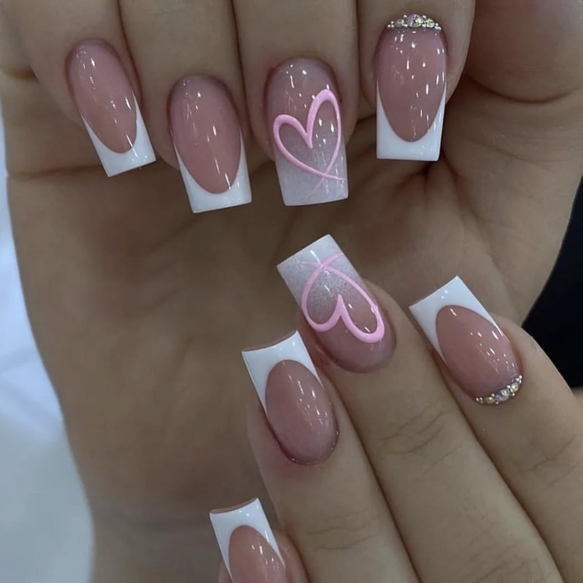 24Pcs White French Tip Press On Nails – Medium Square Nude Pink With Rhinesto…