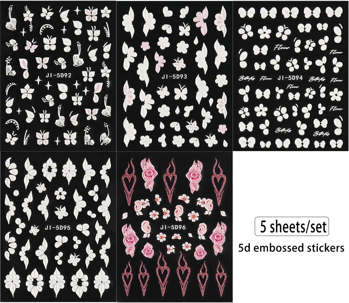 5D Embossed White Flowers Nail Stickers, 5 Sheets Self-Adhesive Floral Nail D…
